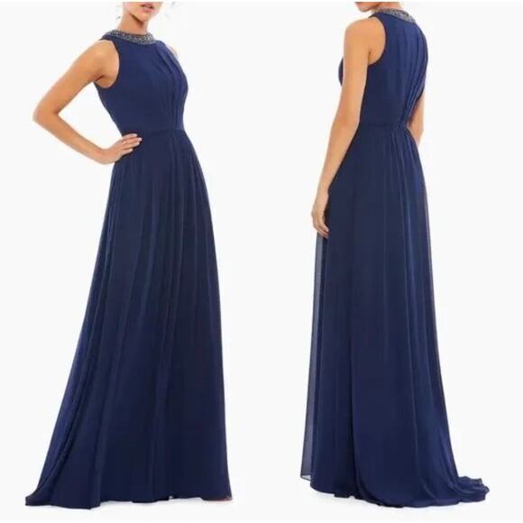 NEW NWT Mac Duggal Ieena Bejeweled Neckline Pleated Chiffon Gown Navy size 6 - Picture 1 of 7